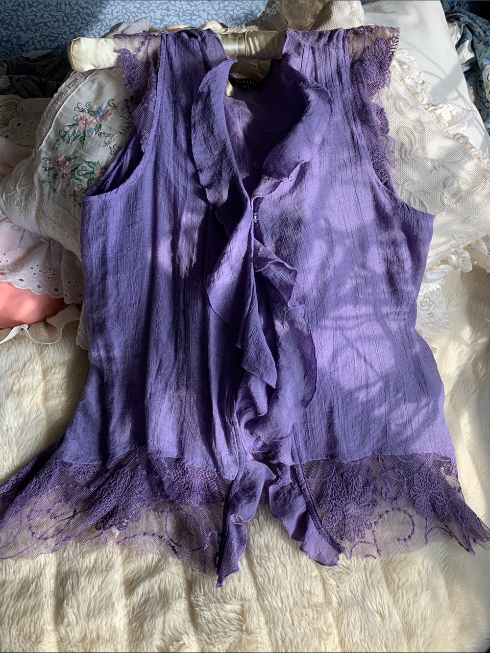 Vtg 90s purple Lacey sleeveless wrap BOHO vest top jacket tunic M